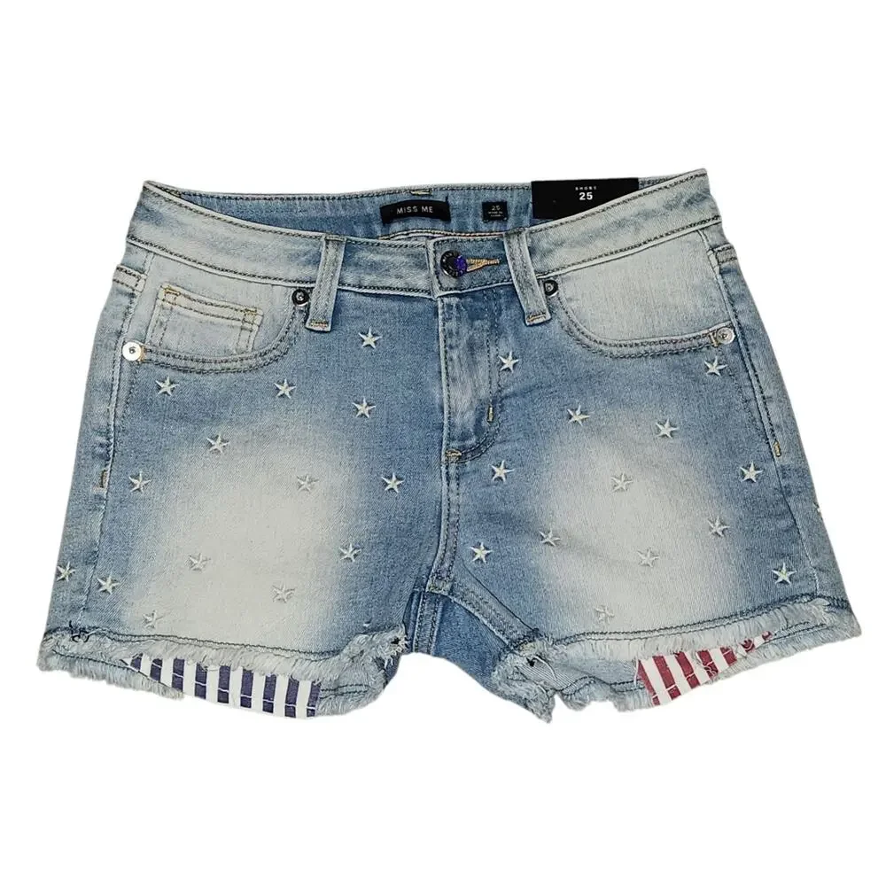 Miss Me Shorts Women 25 Blue Cut-Off Denim Fringe Embroidered Star Jeans NWT - Picture 1 of 7